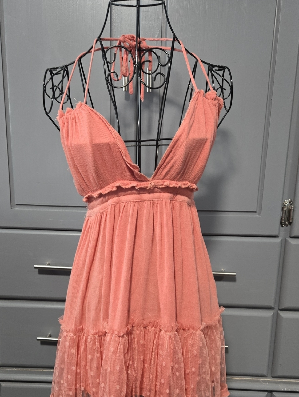R.Vivimos Coral Tiered Mesh Halter Dress